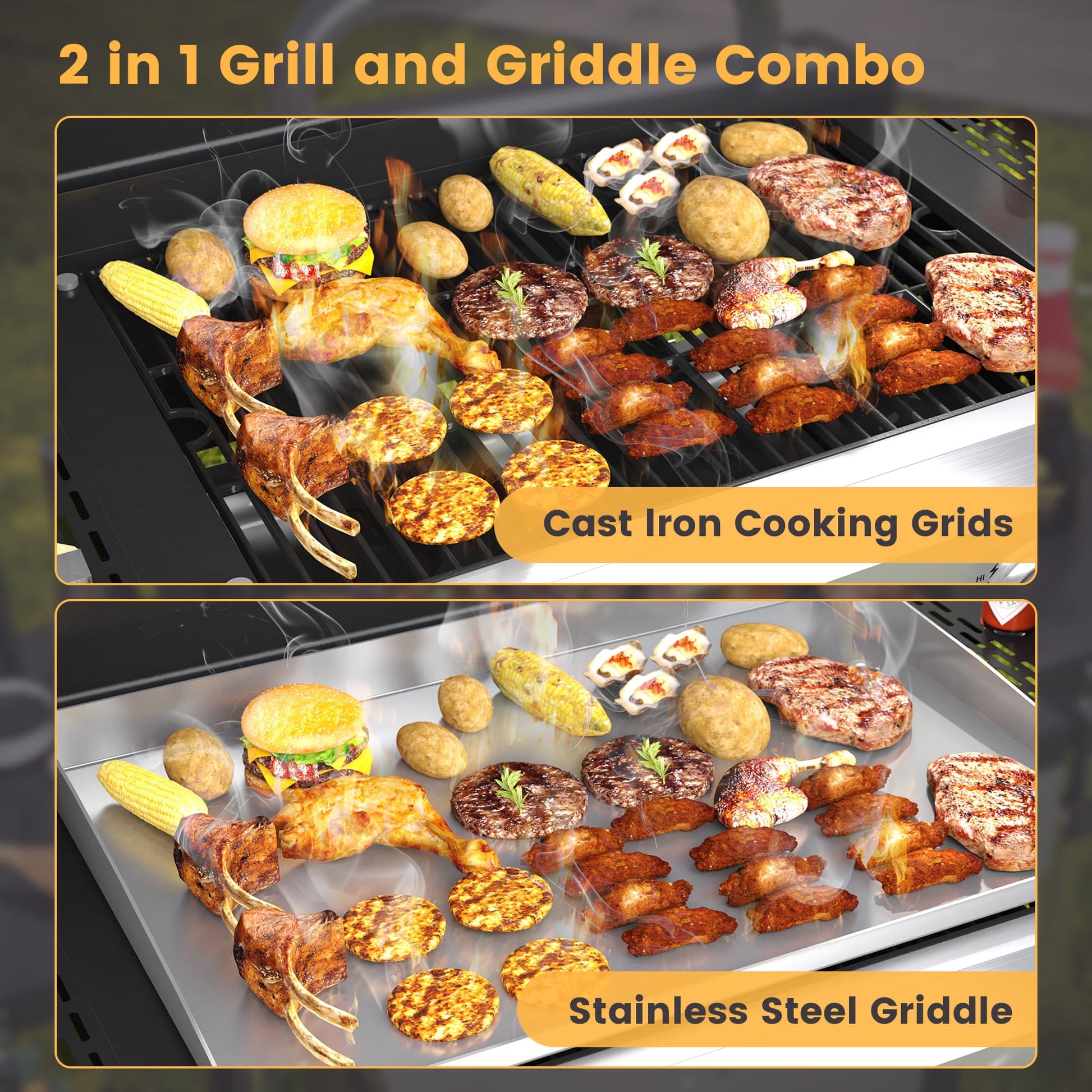 Vicllax 2 in 1 Propane Gas Grill and Griddle Combo 3-Burner with Folding Side Table Stainless Steel