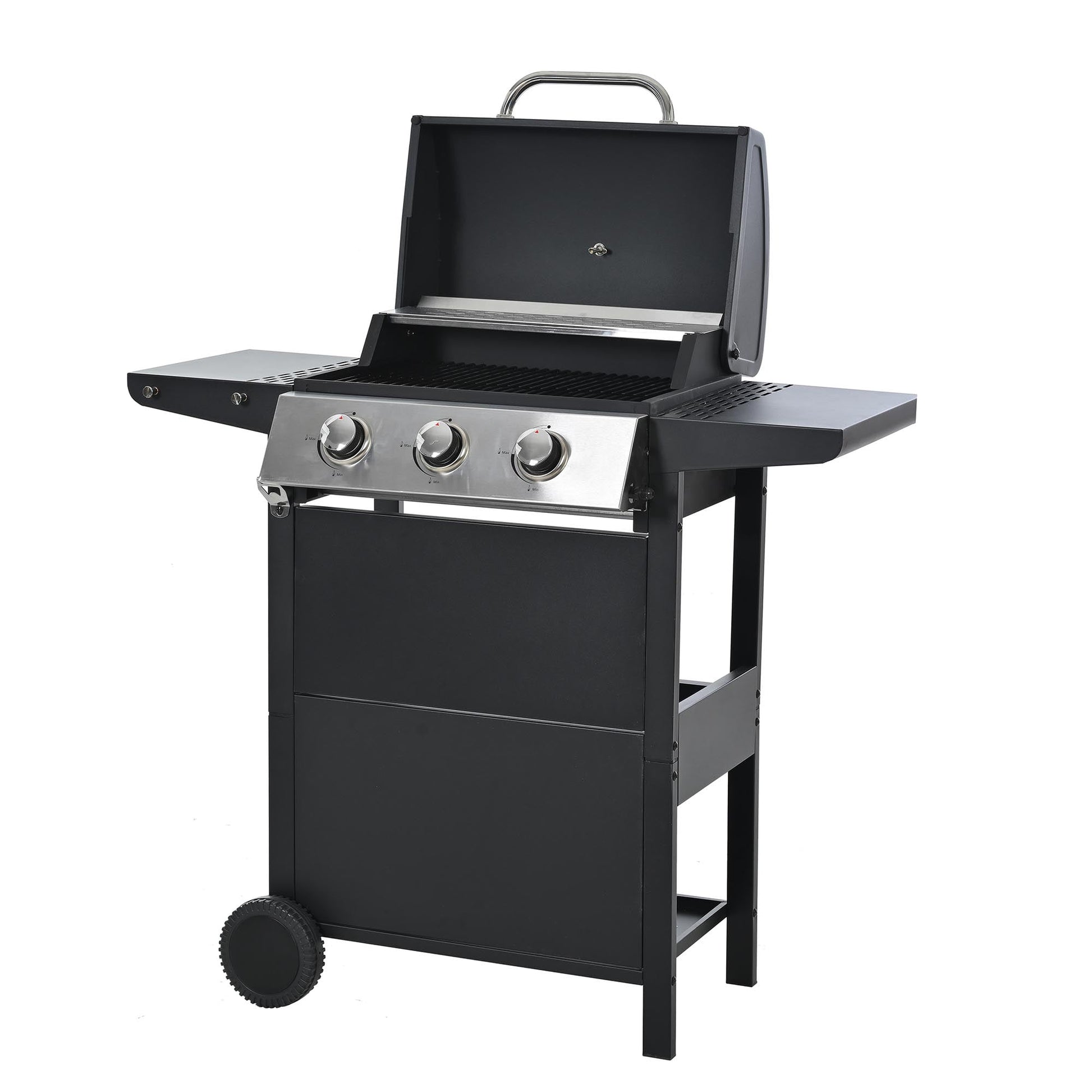 3 Burners BBQ Propane Gas Grill Side Burner & Thermometer, Stainless Steel 25,650 BTU Output Stainless Steel Grill for Patio Garden Barbecue Two Shelves (3-Burners Grill)