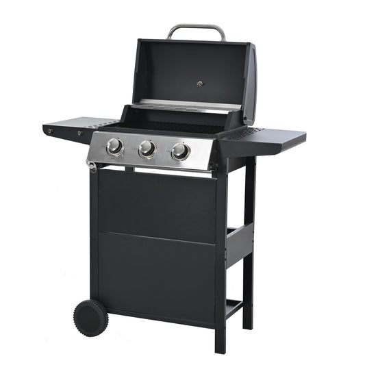 3 Burners BBQ Propane Gas Grill Side Burner & Thermometer, Stainless Steel 25,650 BTU Output Stainless Steel Grill for Patio Garden Barbecue Two Shelves (3-Burners Grill)