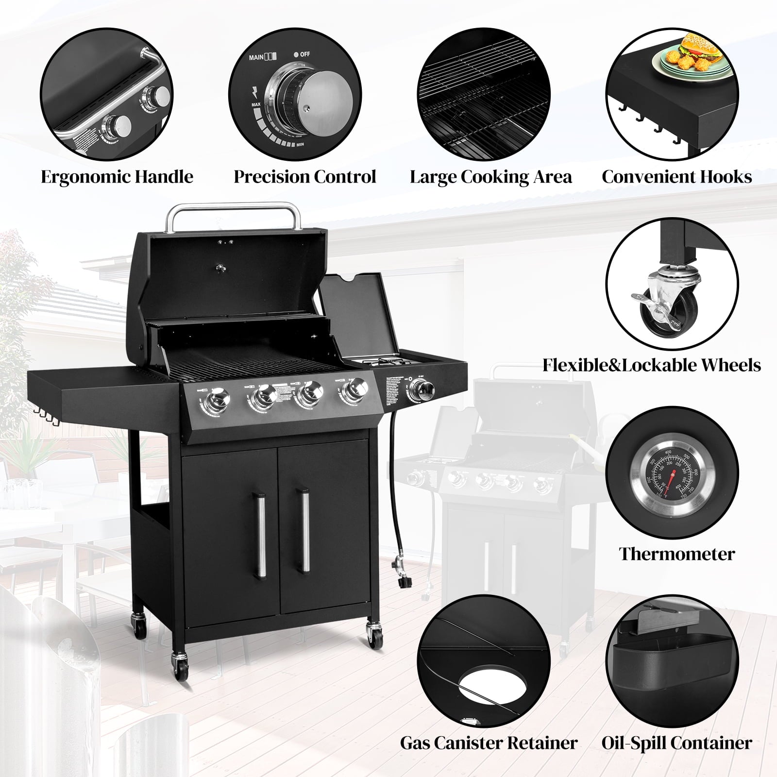Ktaxon 4 Burner Propane Grill Gas Stove 58000 BTU with Side Stove,Wheels