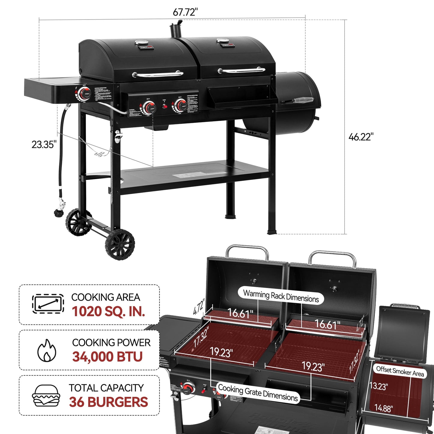 Royal Gourmet ZH3005Y 2-Burner Gas and Charcoal Combo Grill with Offset Smoker & Side Burner