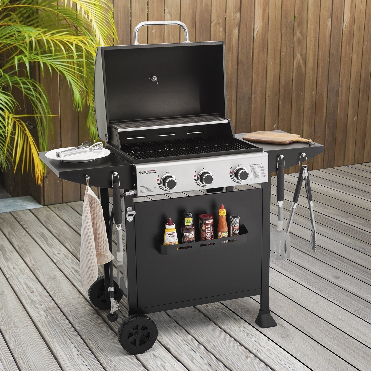 Royal Gourmet 3-Burner BBQ Gas Grill with Front Spice Rack, Two Side Shelves and Hooks, 30,000 BTU, GH3001H