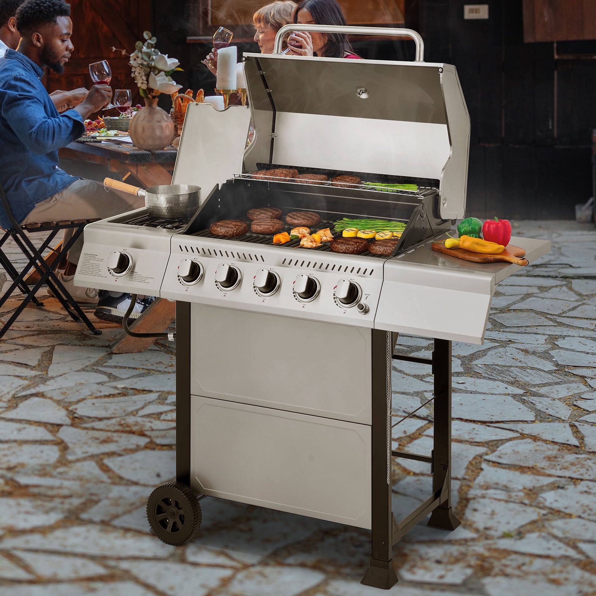 Royal Gourmet GA5401T 5-Burner BBQ Liquid Gas Grill with Sear Burner and Side Burner,  Stainless Steel 60,000 BTU Barbecue Grill,Silver
