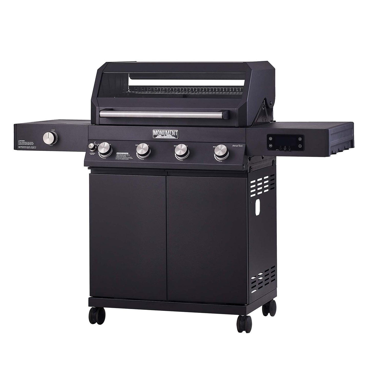 Denali 4-Burner Propane Gas Grill in Black with Clearview Lid, 3-Phase LED Controls and Side Burner