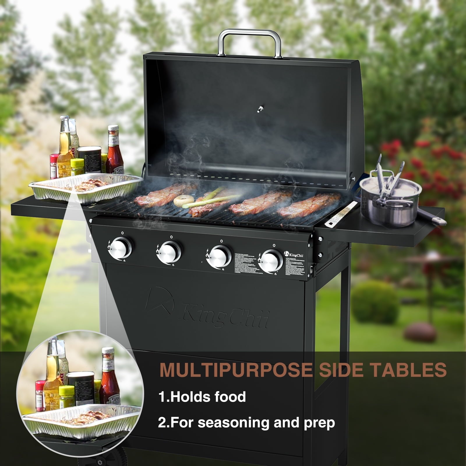 Kingchii 4-Burner Propane Grill, 38,000 BTUs Gas Grill with Foldable Side Tables, Built-in Thermometer for Outdoor Grilling, BBQs and Camping