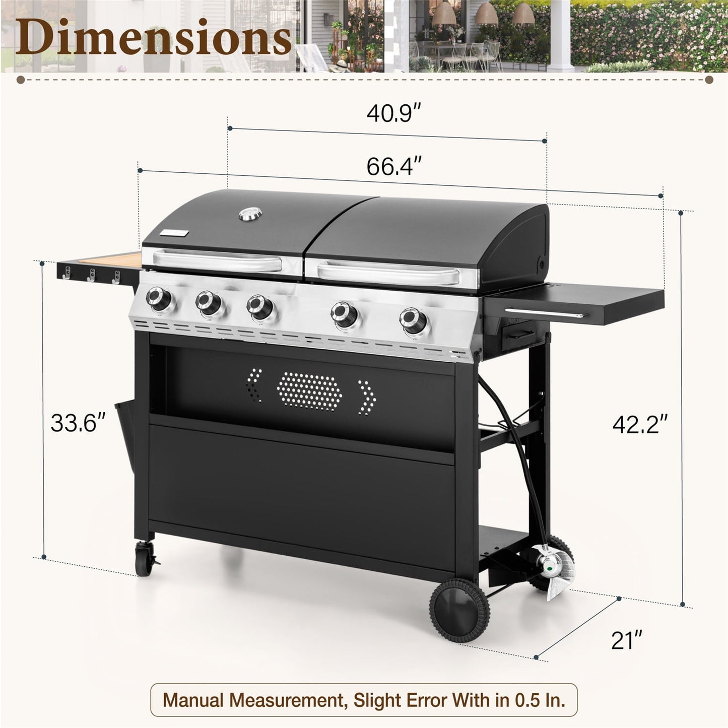 Summit Living 5-Burner Outdoor Propane Gas Grill and Griddle Combo BBQ Grill with Lid 54,000 BUT