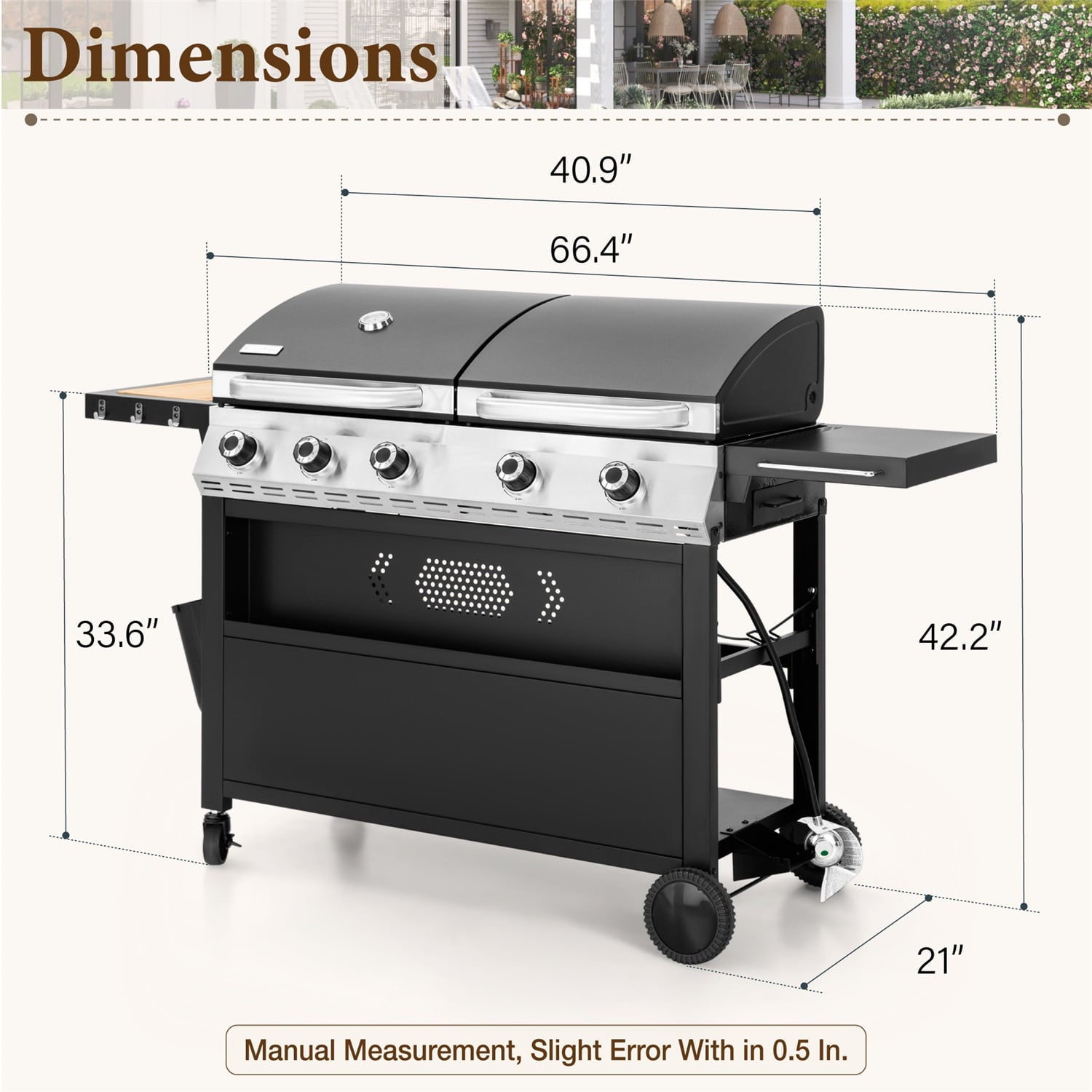 Summit Living 5-Burner Outdoor Propane Gas Grill and Griddle Combo BBQ Grill with Lid 54,000 BUT