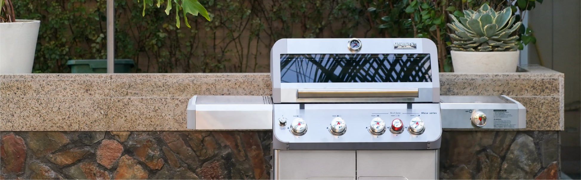 Mesa 4-Burner Propane Gas Grill in Stainless Steel with Broil Zone, Clear View Lid, Side Burner and LED Controls