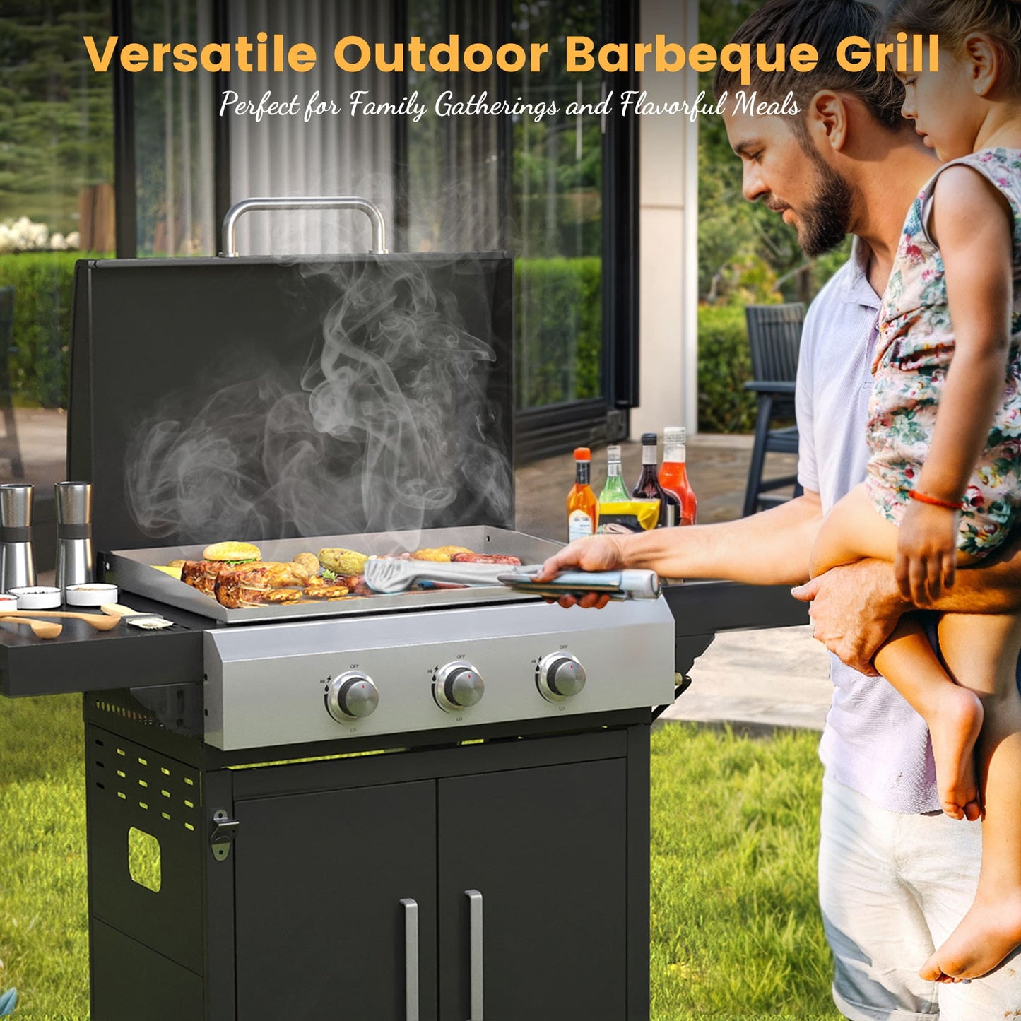 Vicllax 2 in 1 Propane Gas Grill and Griddle Combo 3-Burner with Folding Side Table Stainless Steel