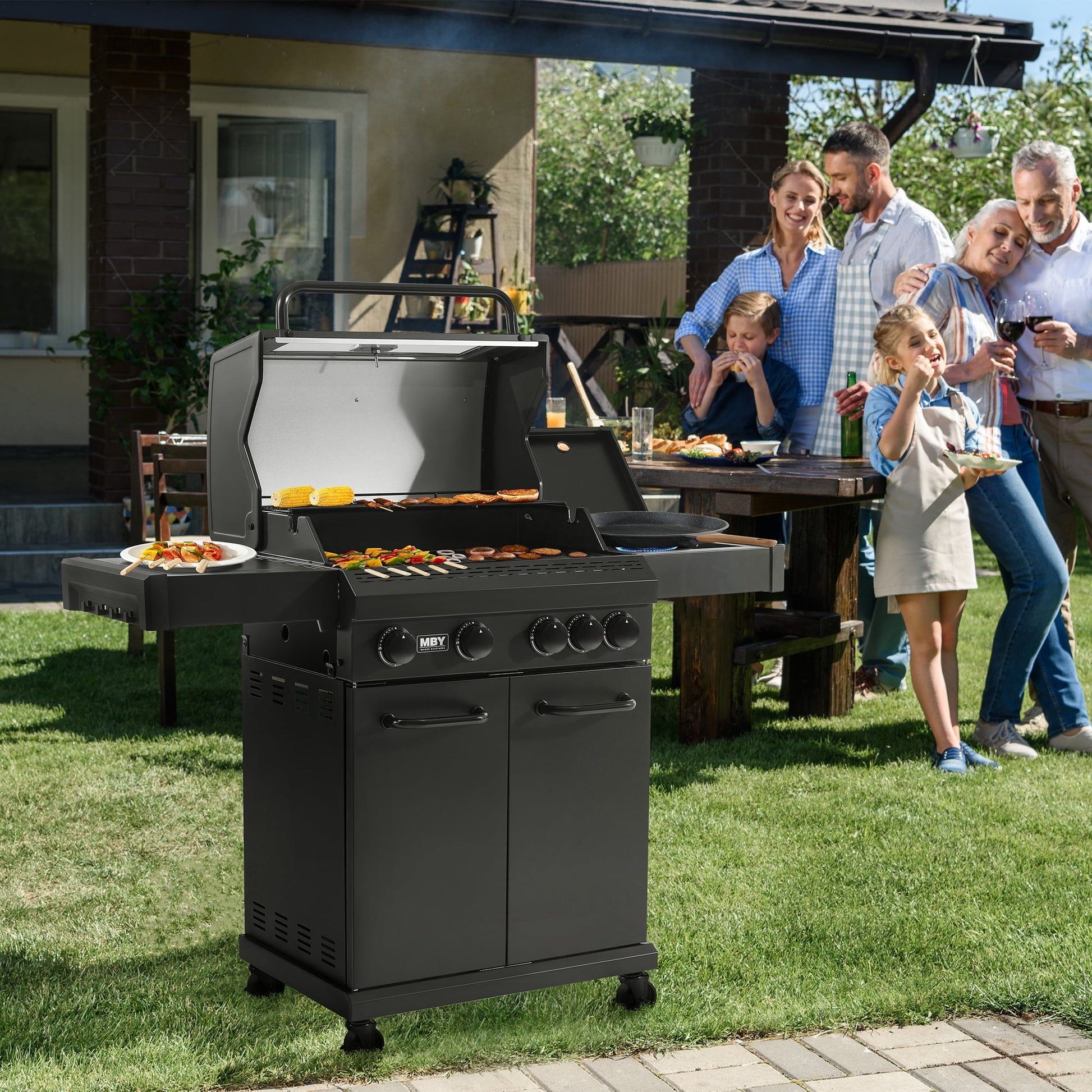 MBY 4-Burner Propane Gas Grill with Side Burner, 50,000 BTU Outdoor BBQ Grill with Cast Iron Grates and Griddle, Heavy Duty for Backyard Cooking