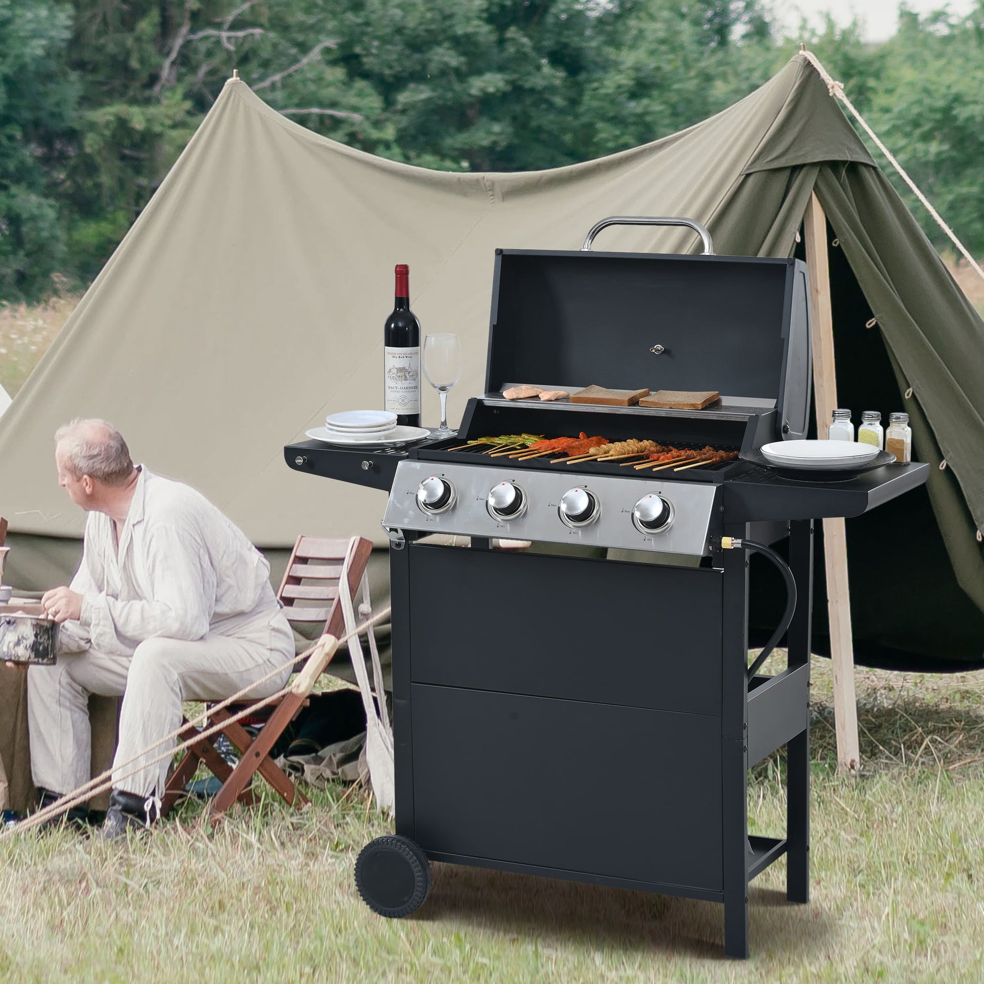 Propane Grill 4 Burner, 34,200 BTU Stainless Steel Gas Grill with Porcelain-Enamel Cooking Grates, Integrated Ignition System, and Built-in Thermometer for Outdoor BBQ