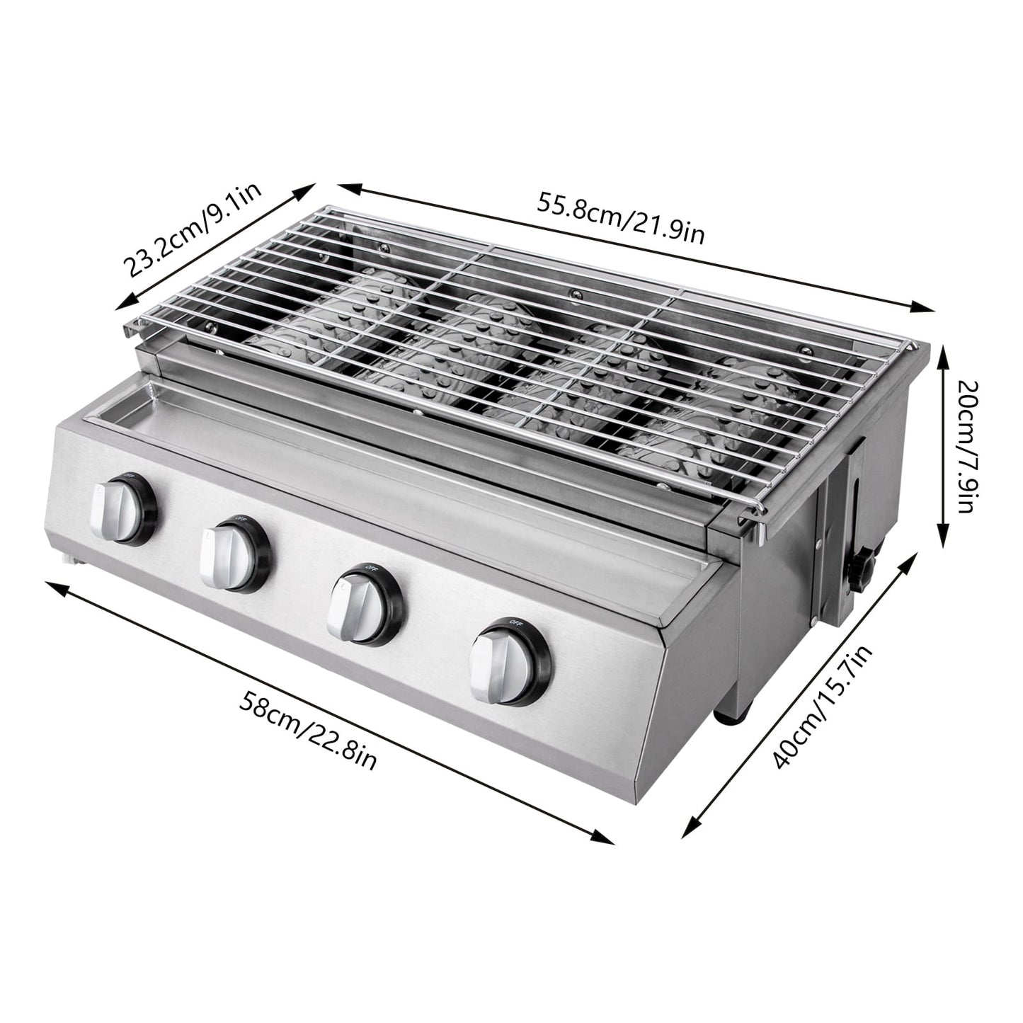 Countertop Barbeque Grill, LPG Gas 4-Burner Stainless Steel Grill for Outdoor Sliver