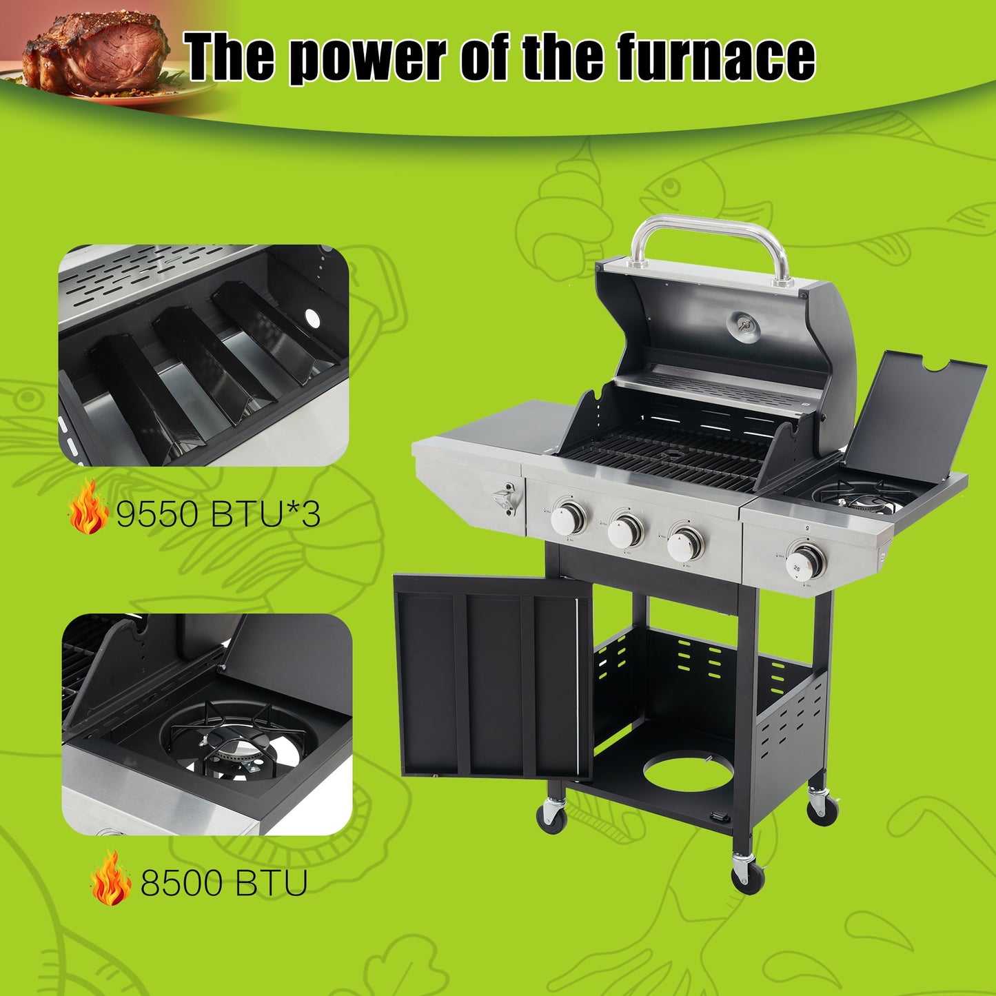 Miniyam 3-Burners Propane Gas Grill with Side Burner & Thermometer, 33950 BTU Output Stainless Steel Grill for Outdoor BBQ and Camping, Patio Backyard Barbecue