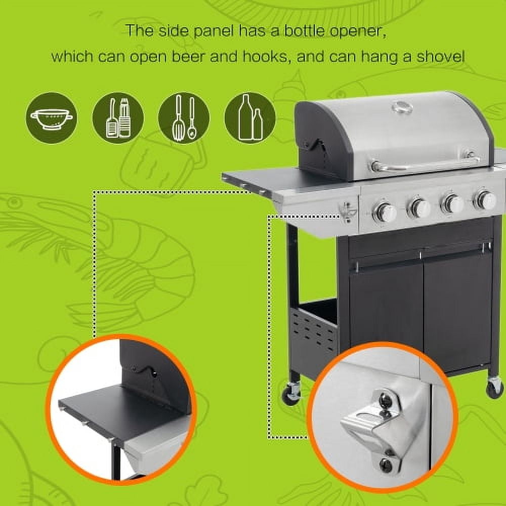4-Burner Propane Grill with Side Sear Station, 46,700 BTU Stainless Steel BBQ, Cast Iron Grates & Rotisserie Kit for Backyard Cooking, Black and Silver