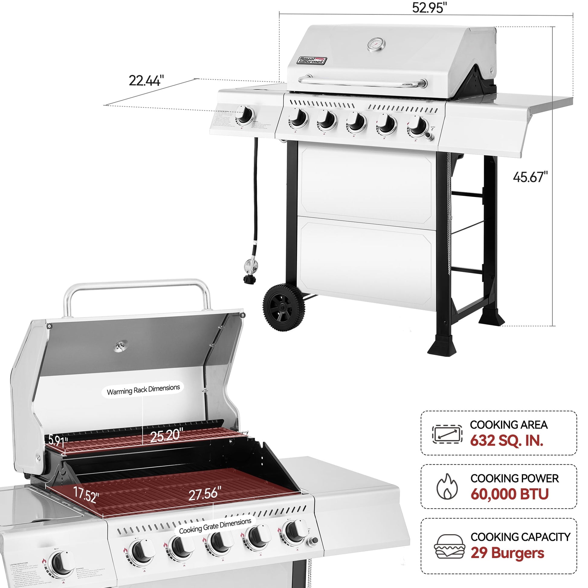 Royal Gourmet GA5401T 5-Burner BBQ Liquid Gas Grill with Sear Burner and Side Burner,  Stainless Steel 60,000 BTU Barbecue Grill,Silver