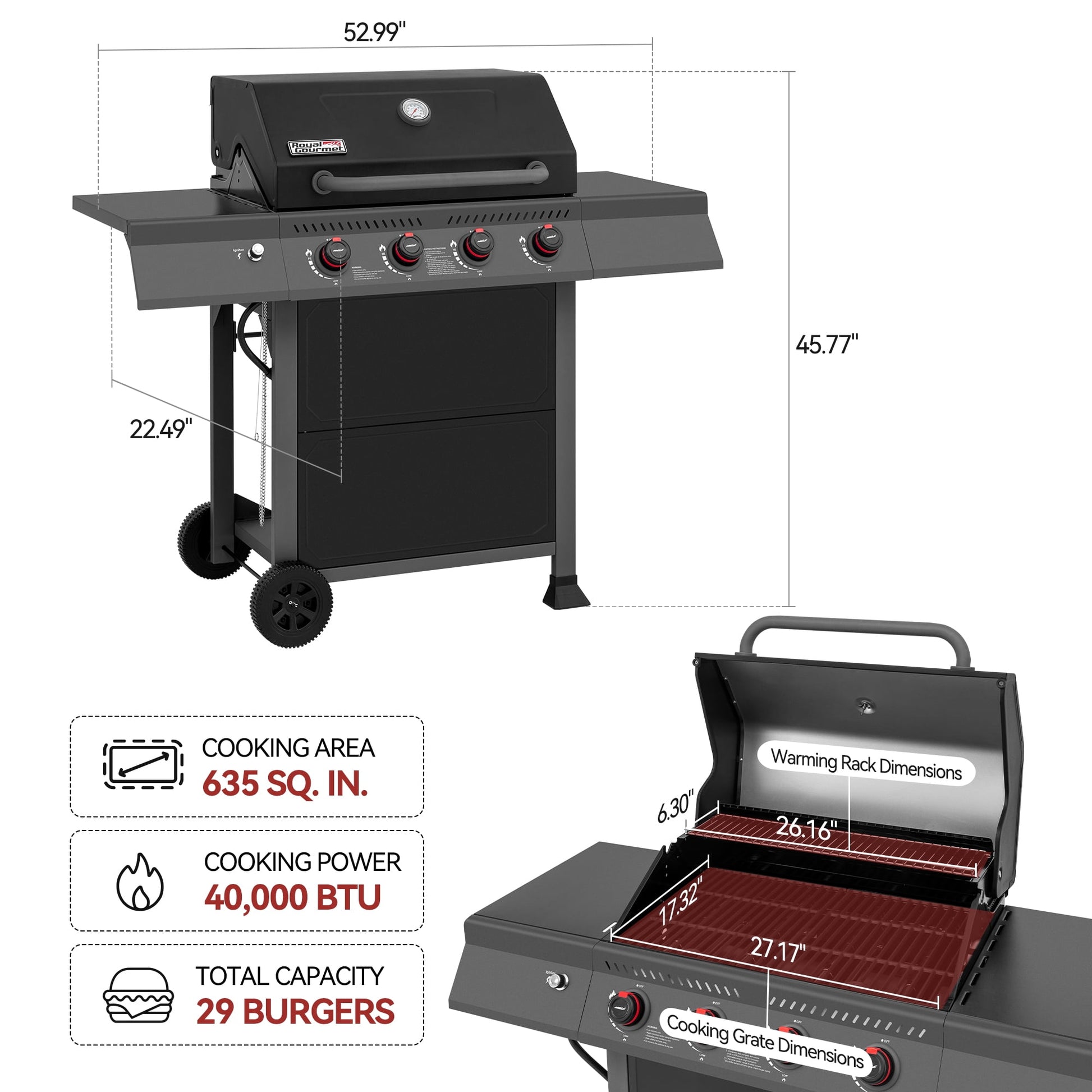 Royal Gourmet GA4401T 4-Burner BBQ Gas Grill with Side Shelves, 40,000 BTU Output, Perfect Patio Garden Picnic Backyard Barbecue Grill for Outcooking