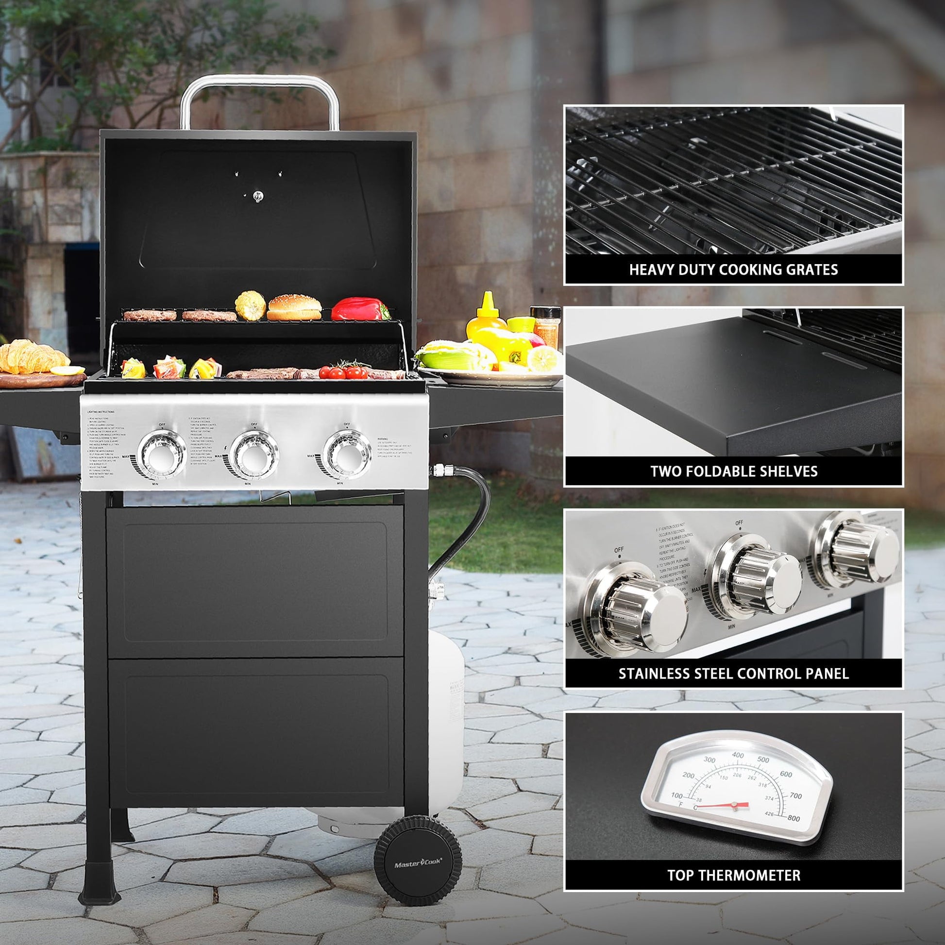 MASTER COOK 3 Burner BBQ Propane Grill, 30,000 BTU Patio Garden Barbecue Gas Grill with Two Foldable Shelves