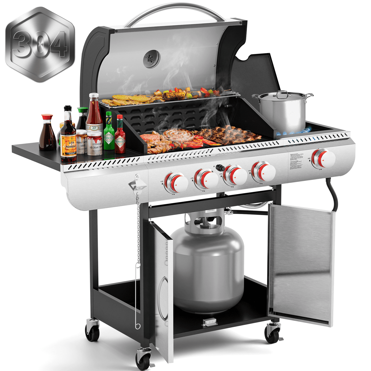 4-Burner Propane Gas Grill with Side Burner, Portable Stainless Steel BBQ Outdoor Cooker, 42,000 BTU, Electactic