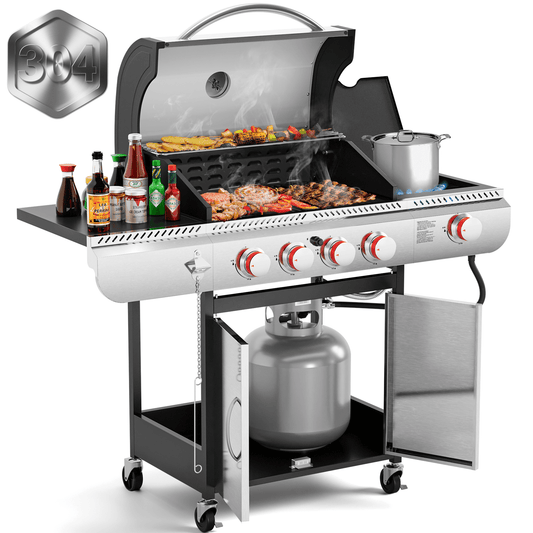 4-Burner Propane Gas Grill with Side Burner, Portable Stainless Steel BBQ Outdoor Cooker, 42,000 BTU, Electactic