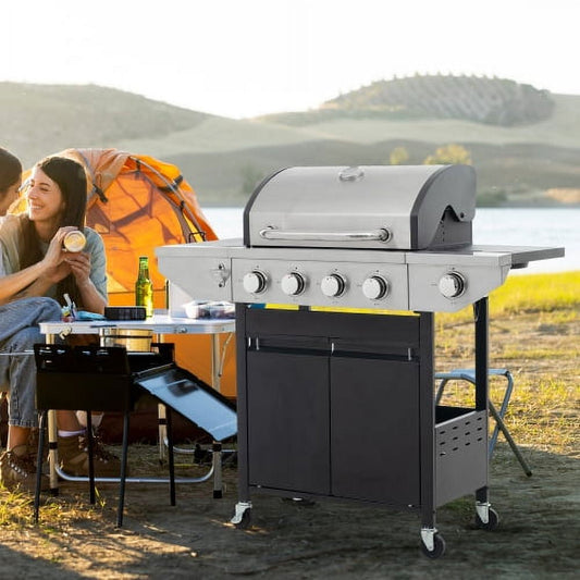 4-Burner Propane Grill with Side Sear Station, 46,700 BTU Stainless Steel BBQ, Cast Iron Grates & Rotisserie Kit for Backyard Cooking, Black and Silver