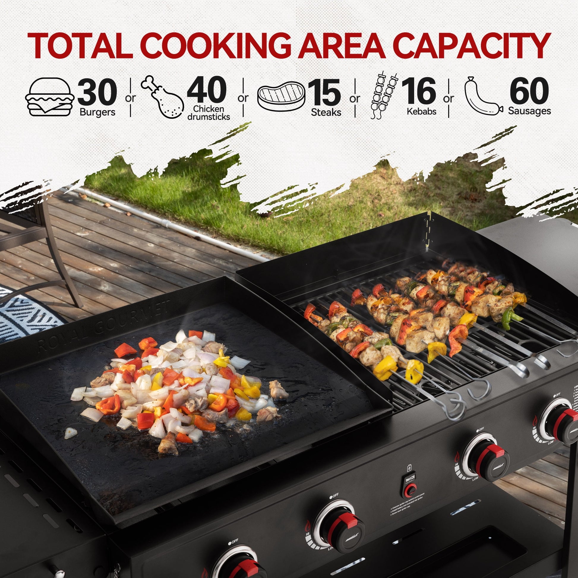 Royal Gourmet GD405A Propane Gas Grill and Griddle Combo, 4-Burner Event Combo Grill with An Extra Set of Grilling Gear (Grate x 2; Flame Tamer x 2; Wind Deflector x 1)