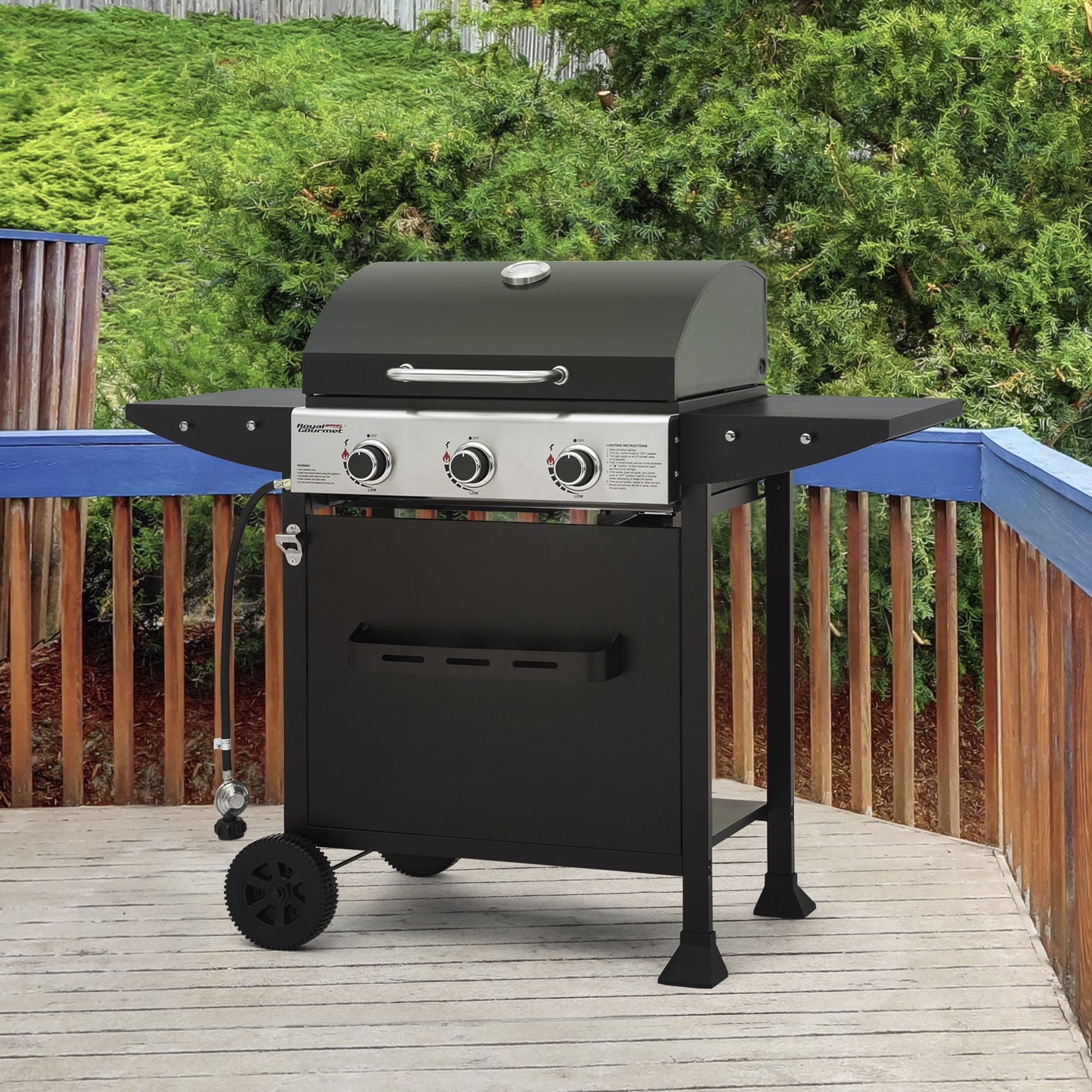 Royal Gourmet 3-Burner BBQ Gas Grill with Front Spice Rack, Two Side Shelves and Hooks, 30,000 BTU, GH3001H