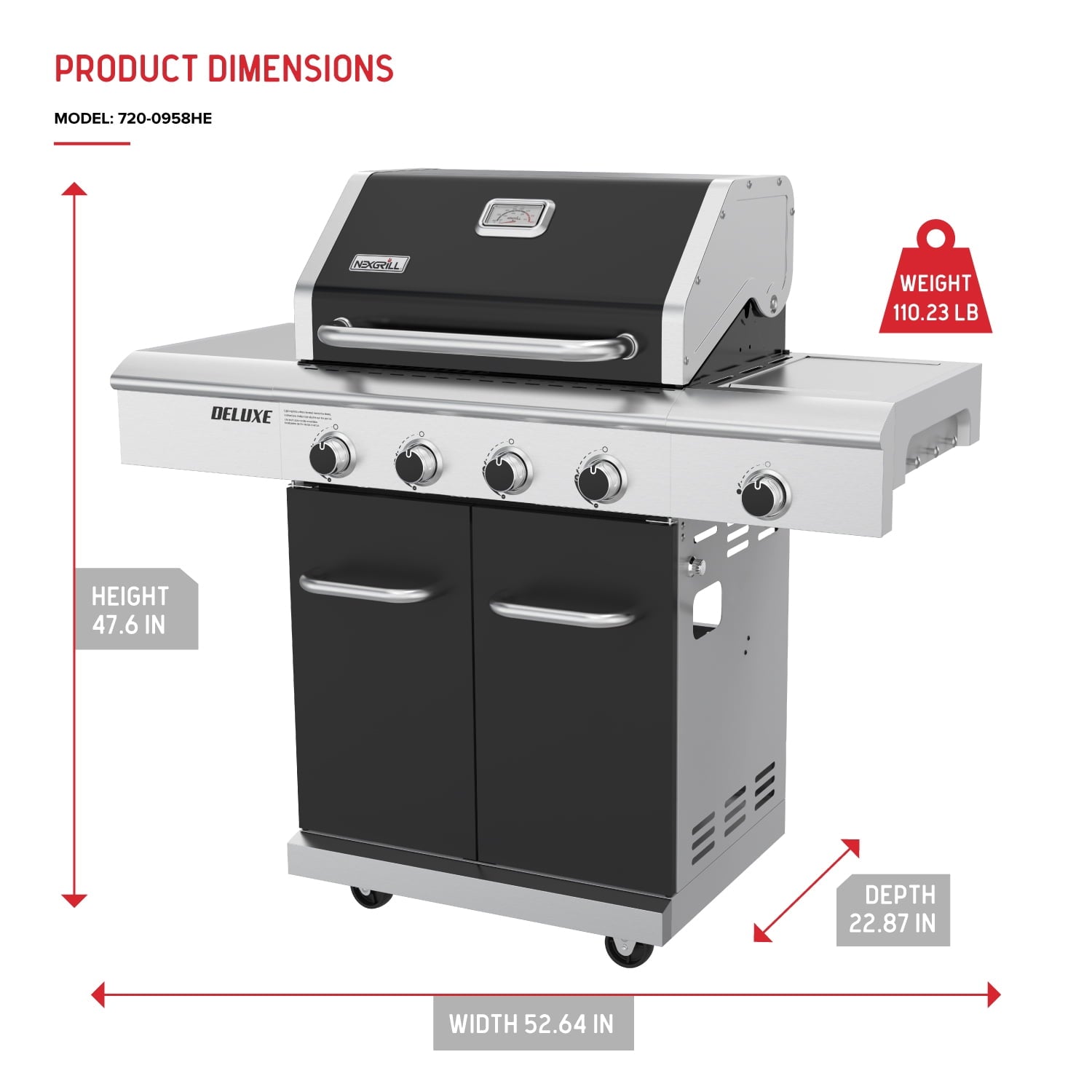 Nexgrill 4-Burner Dual Fuel Gas Grill with Side Burner and Griddle Insert, 627 SQ In Total Cooking Space, 59,000 BTUs Output, BBQ Grill Perfect for Outdoor Gatherings - 720-0958HE