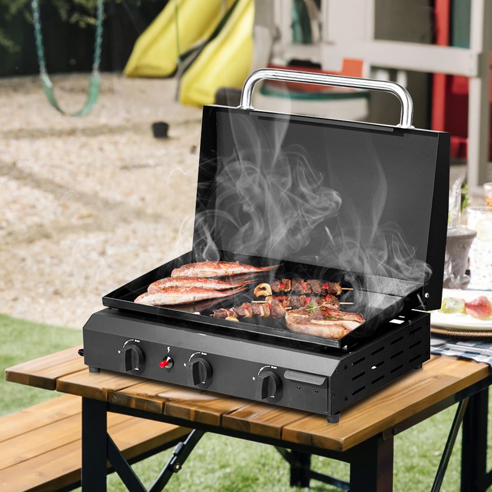 Ktaxon 3 Burner Propane Griddle Flat Top Gas Grill 30000 BTU with Lid,Ceramic Coated Cast Iron Pan,Portable