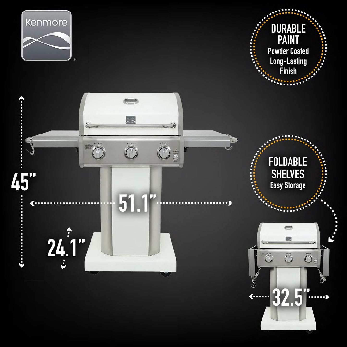 Kenmore 3-Burner Gas Grill, Outdoor BBQ Grill, Propane Grill with Foldable Side Tables, Pearl White