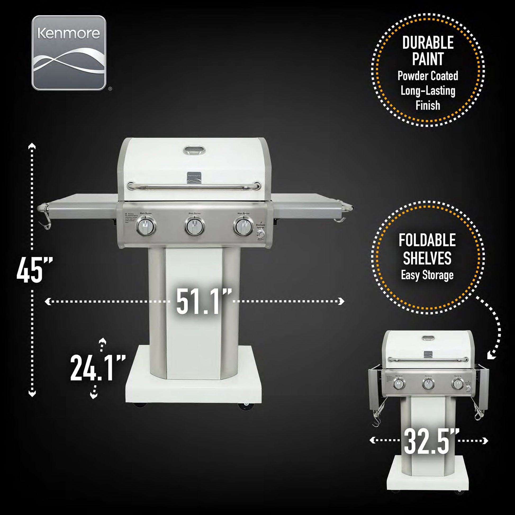 Kenmore 3-Burner Gas Grill, Outdoor BBQ Grill, Propane Grill with Foldable Side Tables, Pearl White