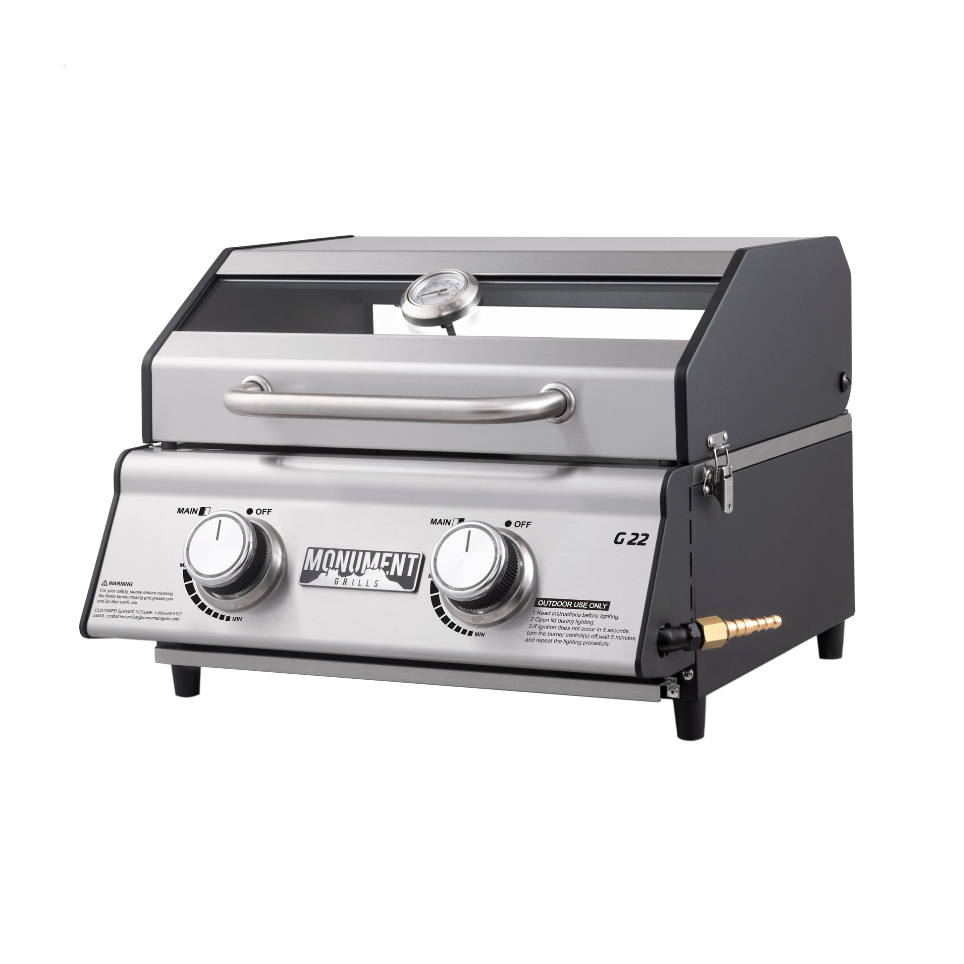 Monument Grills Portable 2-Burner Tabletop Propane Gas Grill in Stainless Steel with Locking Clearview Lid