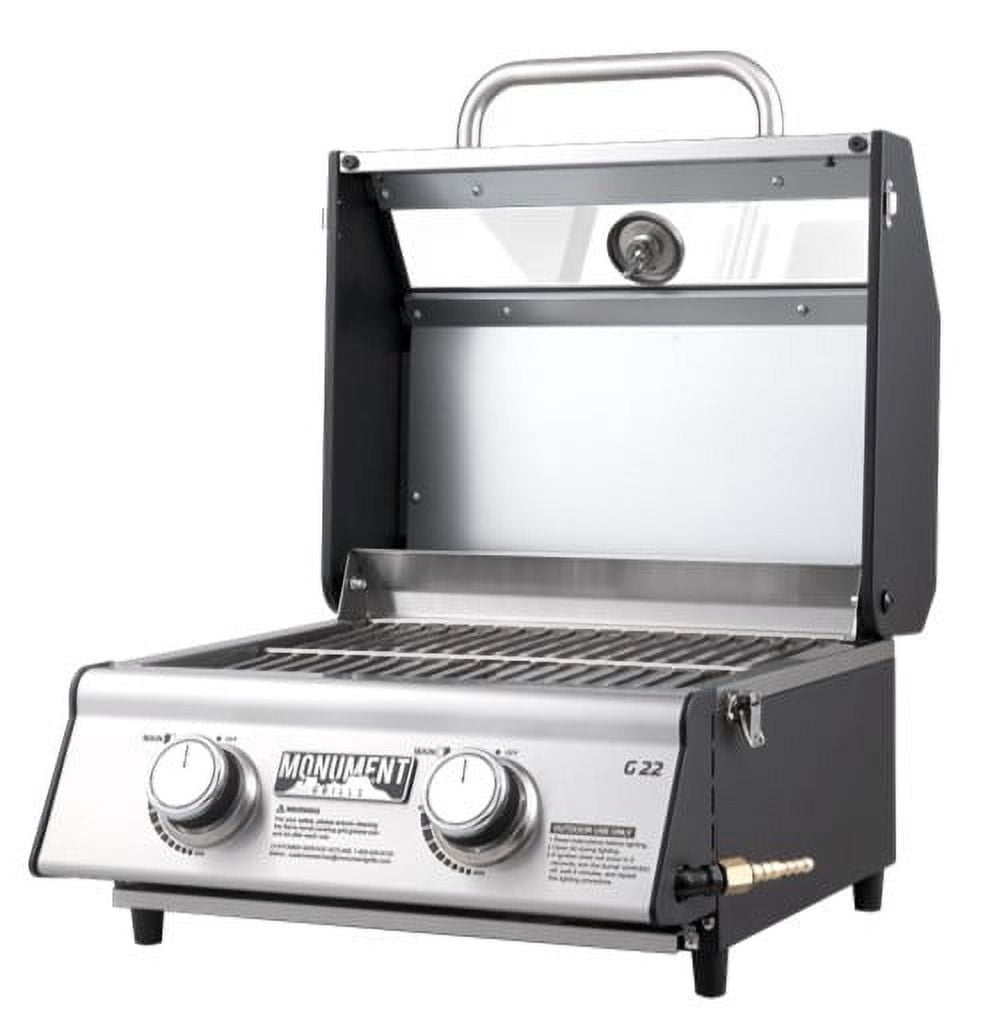 Monument Grills Portable 2-Burner Tabletop Propane Gas Grill in Stainless Steel with Locking Clearview Lid