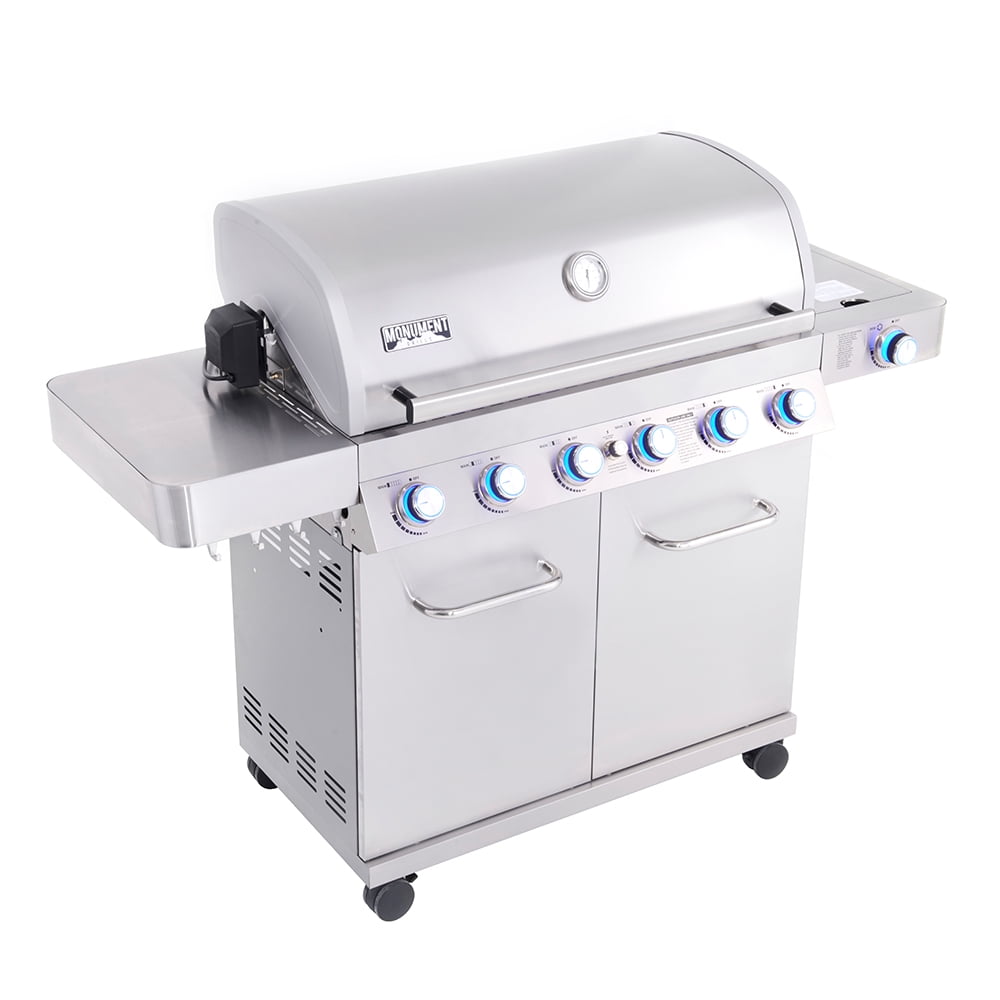 Monument Grills 77352 6-Burner Propane Gas Stainless Grill with LED Controls, Side Burner and Rotisserie Kit