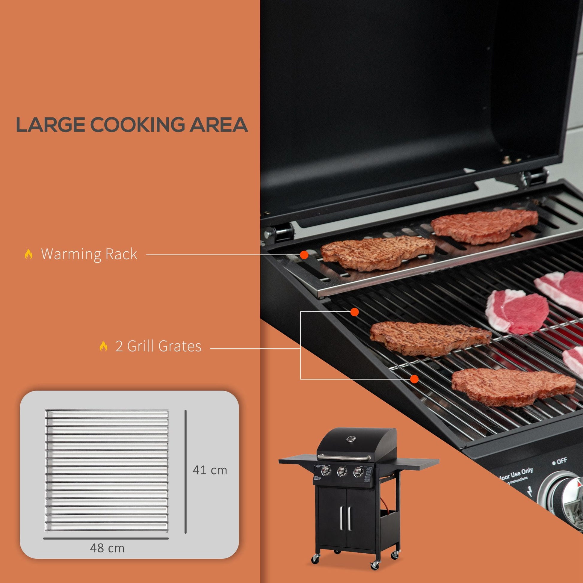 Outsunny 3 Burner Portable Gas Grill w/ Wheels, Outdoor Steel Propane Barbecue w/ Warming Rack, Shelves, Storage Cabinet, Thermometer, Black