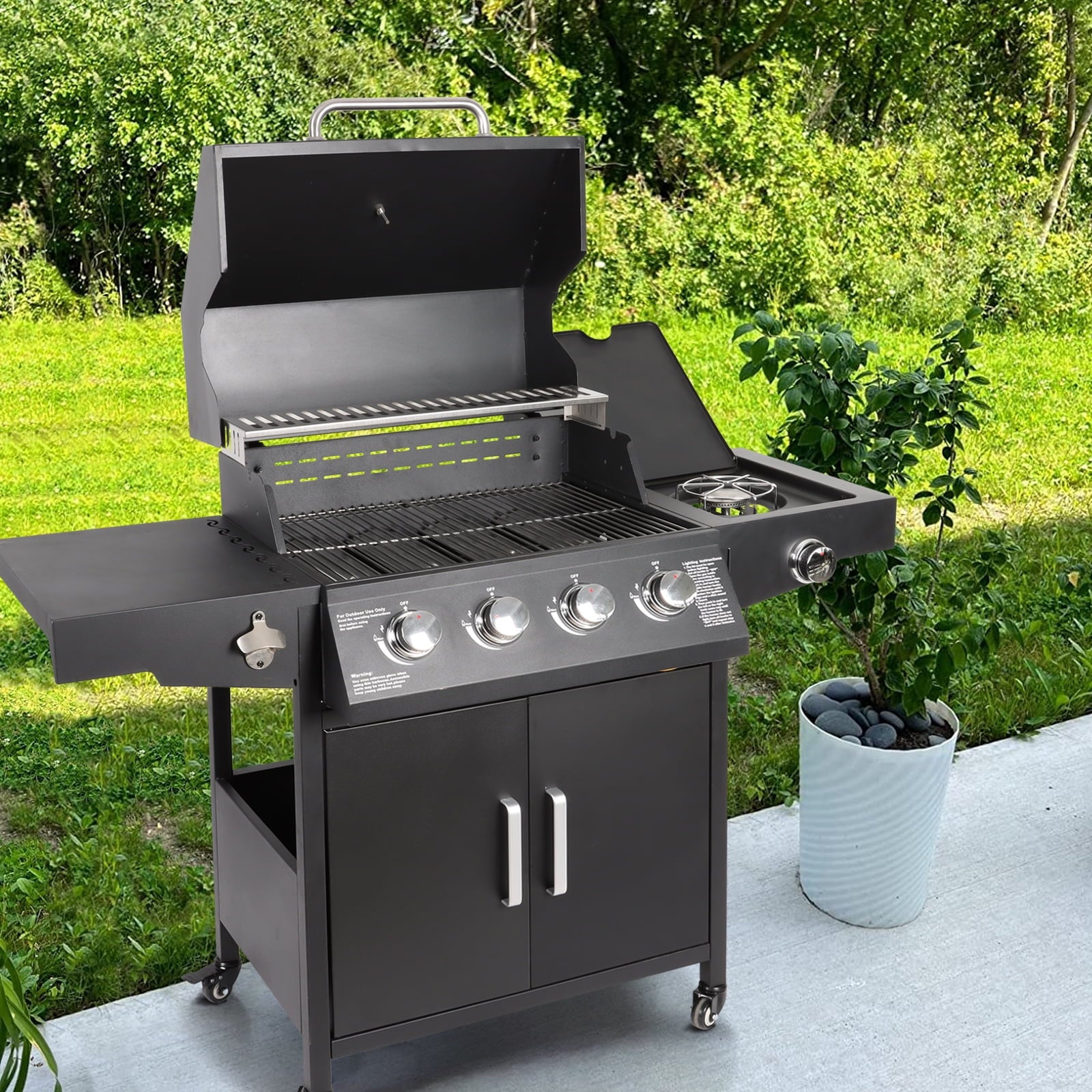 Polar Aurora Propane Gas Grill 4-Burners a Side Burner, Side Table, Steel Grill Cart for Garden Outdoor Cooking Picnic