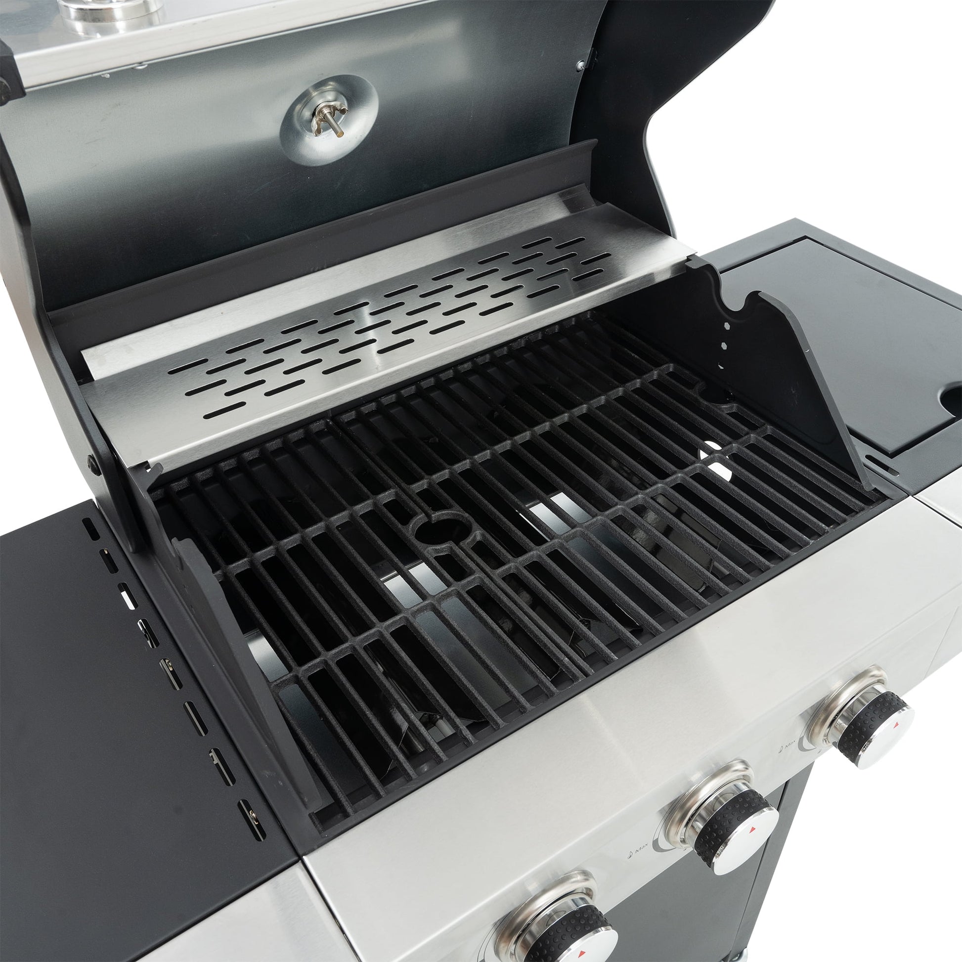 Propane Grill 3 Burner Stainless Steel BBQ Gas Grill with Side Burner, Thermometer, and Even Heating Cast Iron Grates for Outdoor BBQ and Camping