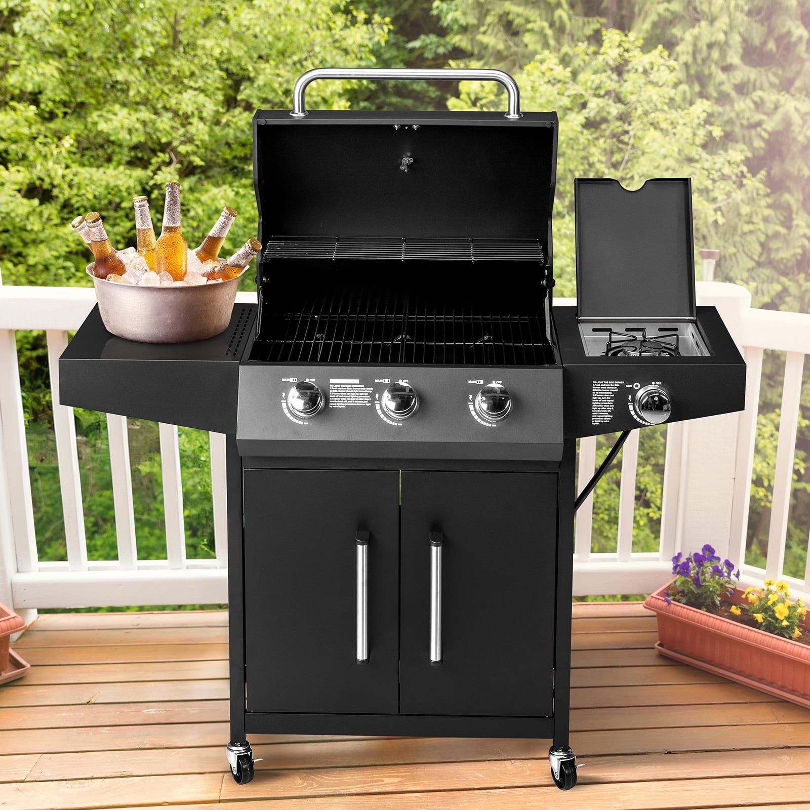 UBesGoo 3 Burner Propane Gas Grill with Side Burner 46000BTU for Camping Cooking BBQ