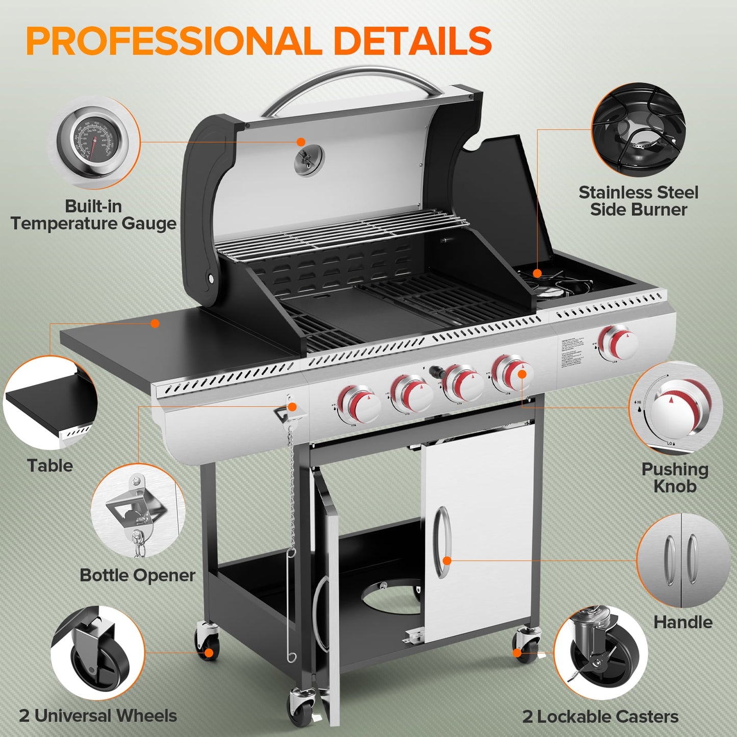 4-Burner Propane Gas Grill with Side Burner, Portable Stainless Steel BBQ Outdoor Cooker, 42,000 BTU, Electactic