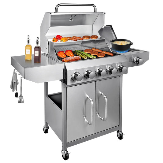 Bestfire 5 Burner Propane Gas Grill with Side Burner,Stainless Steel BBQ Grill & Porcelain-Enameled Cast Iron Grates,58,000 BTU Cabinet-Style Cart Design for Outdoor Backyard Cooking,Garden and Patio