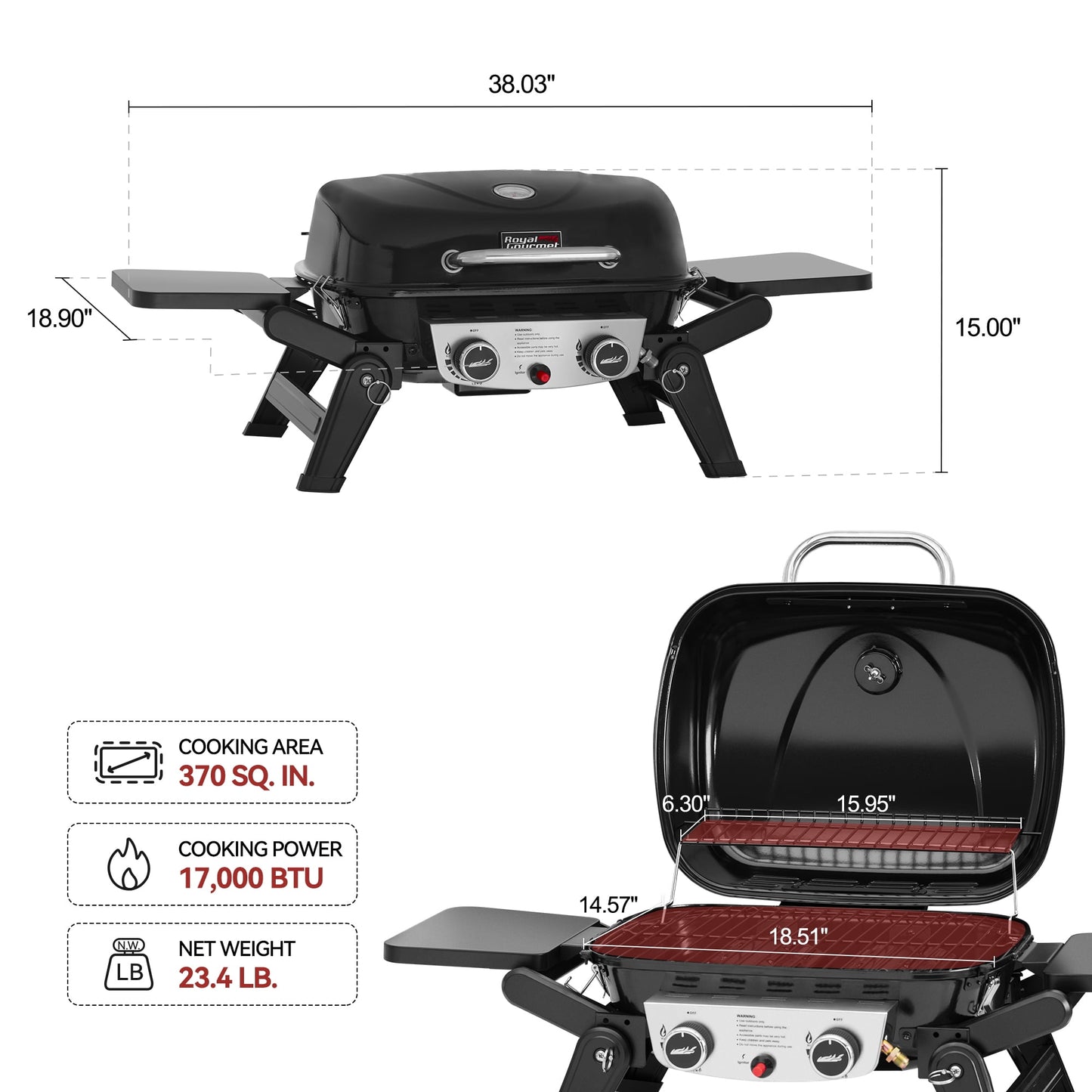 Royal Gourmet GT2005 2-Burner Portable Propane Gas Grill, Tabletop Gas Grill for Outdoor Cooking & Grilling with Foldable Side Tables