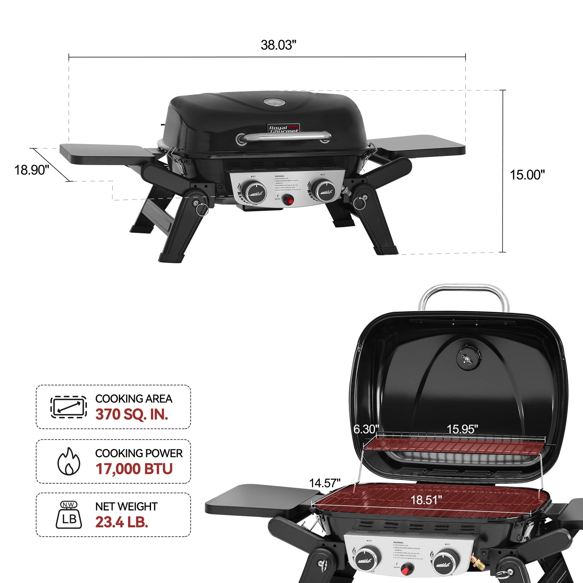 Royal Gourmet GT2005 2-Burner Portable Propane Gas Grill, Tabletop Gas Grill for Outdoor Cooking & Grilling with Foldable Side Tables