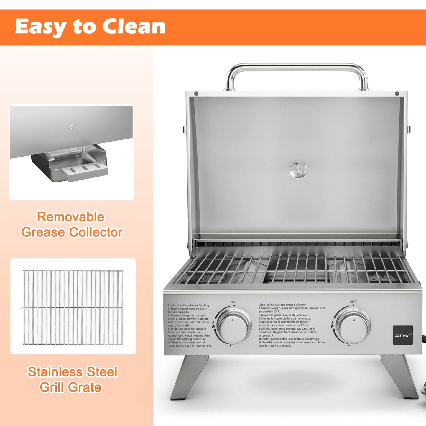 Costway 20,000 BTU Stainless Steel Propane Grill for Outdoor Camping Picnics Tailgating Sliver