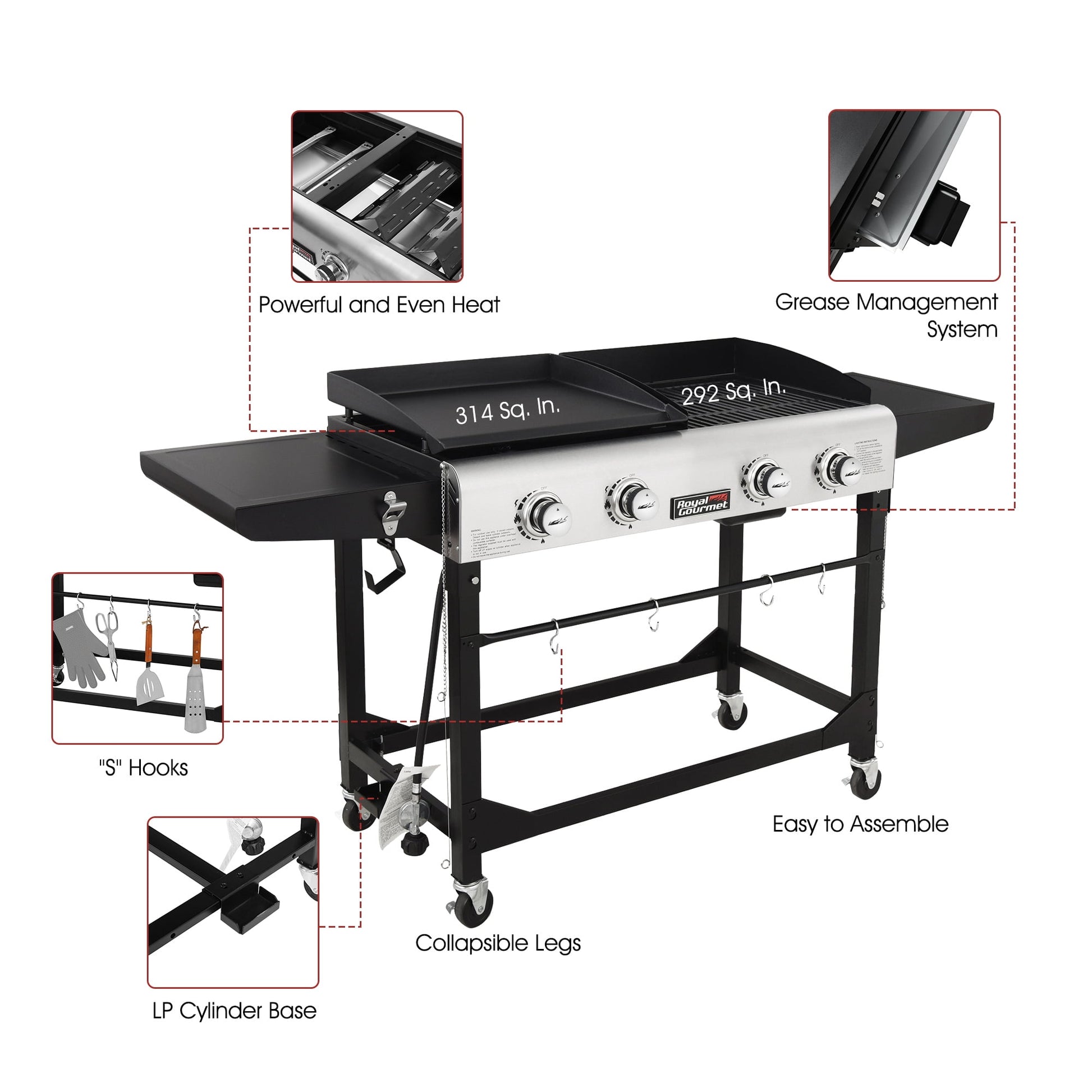 Royal Gourmet 4-Burner GD401 Portable Flat Top Gas Grill and Griddle Combo with Folding Legs