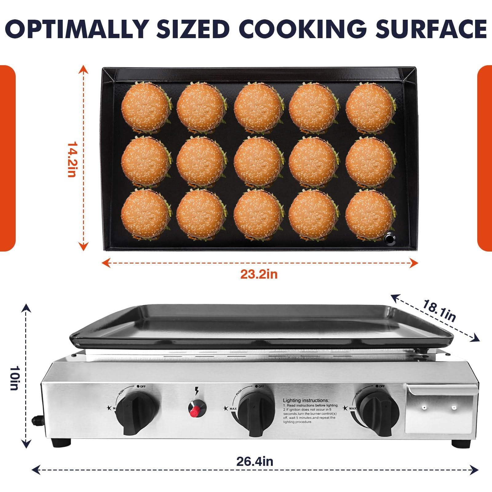 Frizi  30,000 BTU 3-Burner Flat Top Portable Propane Gas Grill with Auto Ignition, Stainless Steel Tabletop Griddle for Camping, BBQ, and Outdoor Cooking
