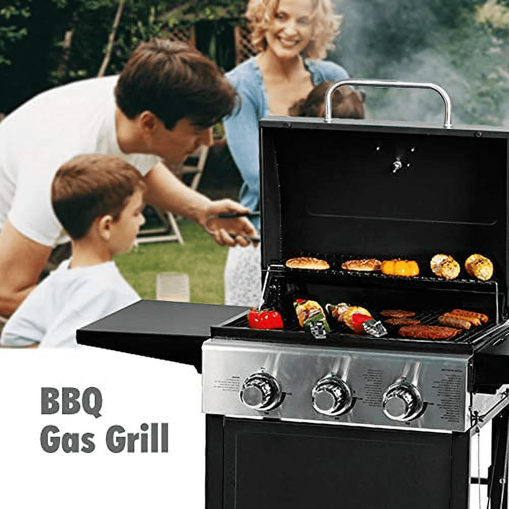 MASTER COOK 3 Burner BBQ Propane Grill, 30,000 BTU Patio Garden Barbecue Gas Grill with Two Foldable Shelves