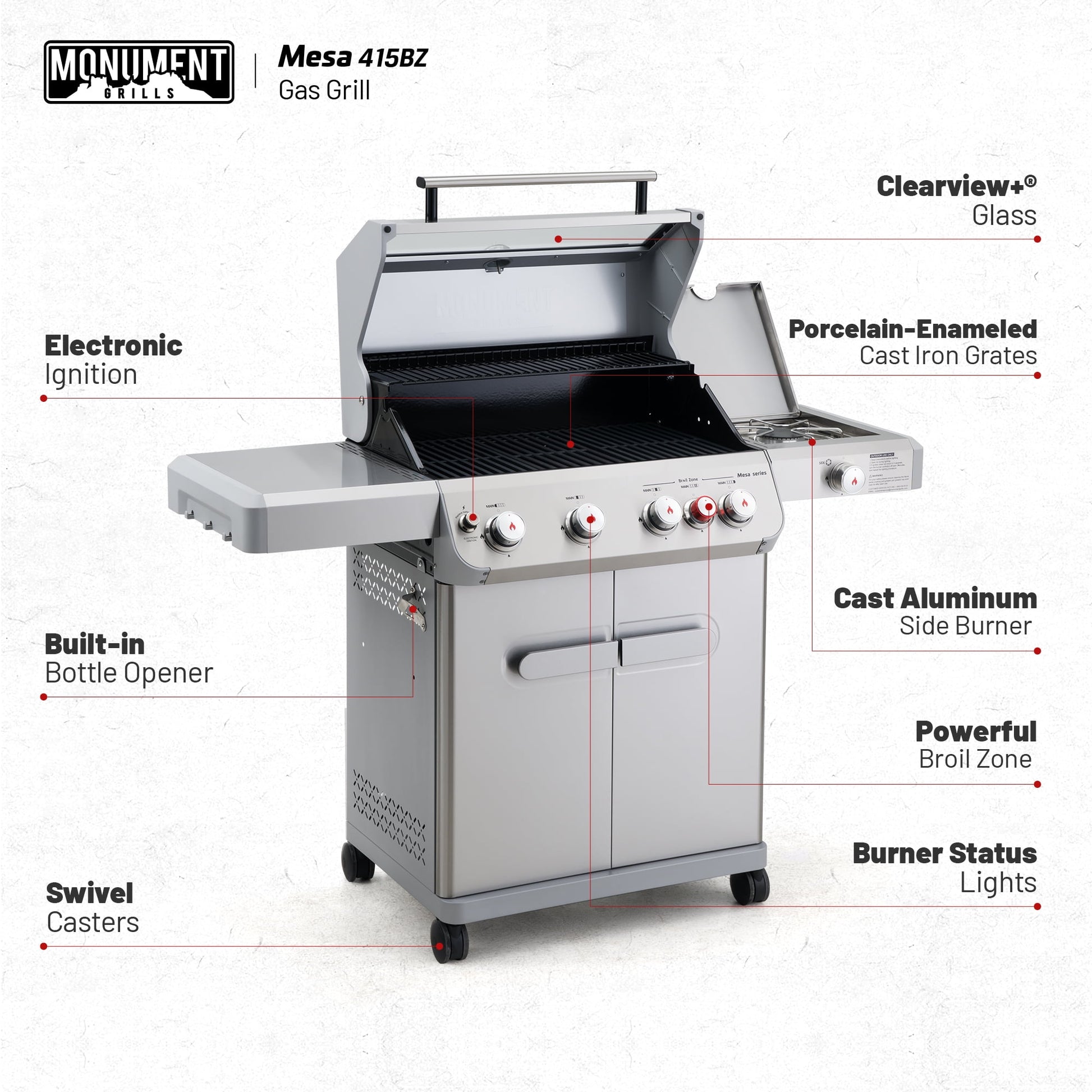 Mesa 4-Burner Propane Gas Grill in Stainless Steel with Broil Zone, Clear View Lid, Side Burner and LED Controls