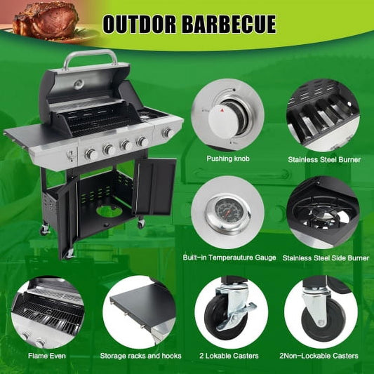 4-Burner Propane Grill with Side Sear Station, 46,700 BTU Stainless Steel BBQ, Cast Iron Grates & Rotisserie Kit for Backyard Cooking, Black and Silver