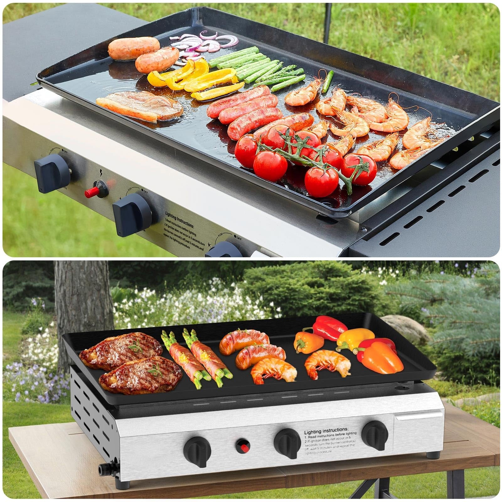Frizi  30,000 BTU 3-Burner Flat Top Portable Propane Gas Grill with Auto Ignition, Stainless Steel Tabletop Griddle for Camping, BBQ, and Outdoor Cooking