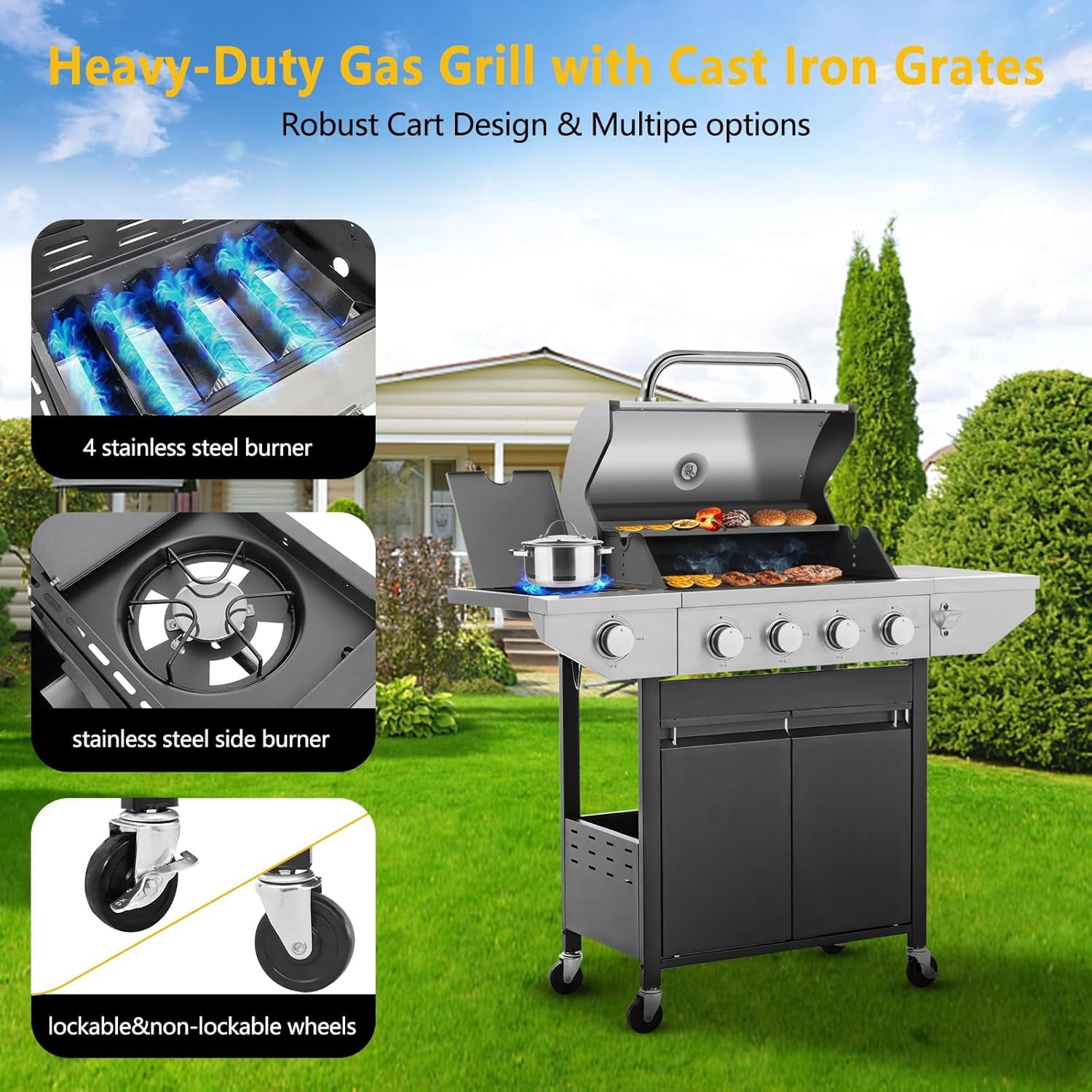 HighSound 4-Burner Propane Gas Grill with Side Burner, 46700 BTU Porcelain-Enameled Cast Iron Grates Outdoor Cooking Stainless Steel BBQ Grills Cabinet, Black