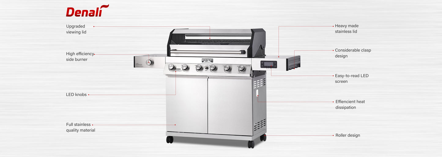 Denali 6-Burner Propane Gas Grill in Stainless with Clearview Lid, 3-Phase LED Controls and Side Burner
